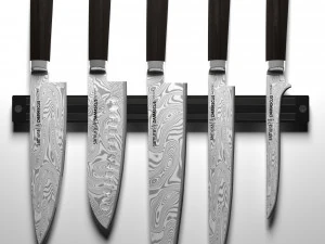 Juego de cuchillos premium de acero damasco Samura, soporte magnético para cuchillos Modelo 3D
