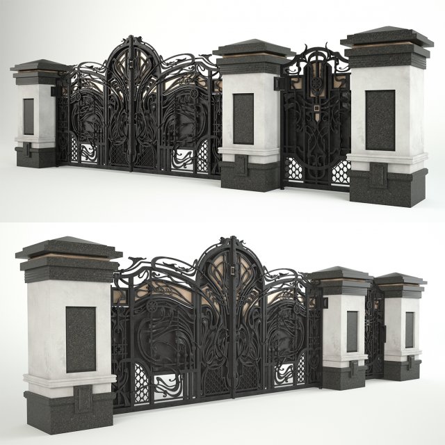 forged gates and door with pillars 3D Модель .c4d .max .obj .3ds .fbx .stl .blend