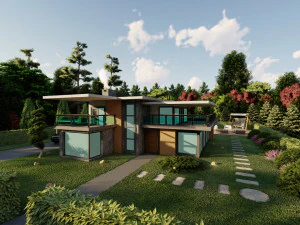 Modello 3d villa con giardino 2 Modello 3D