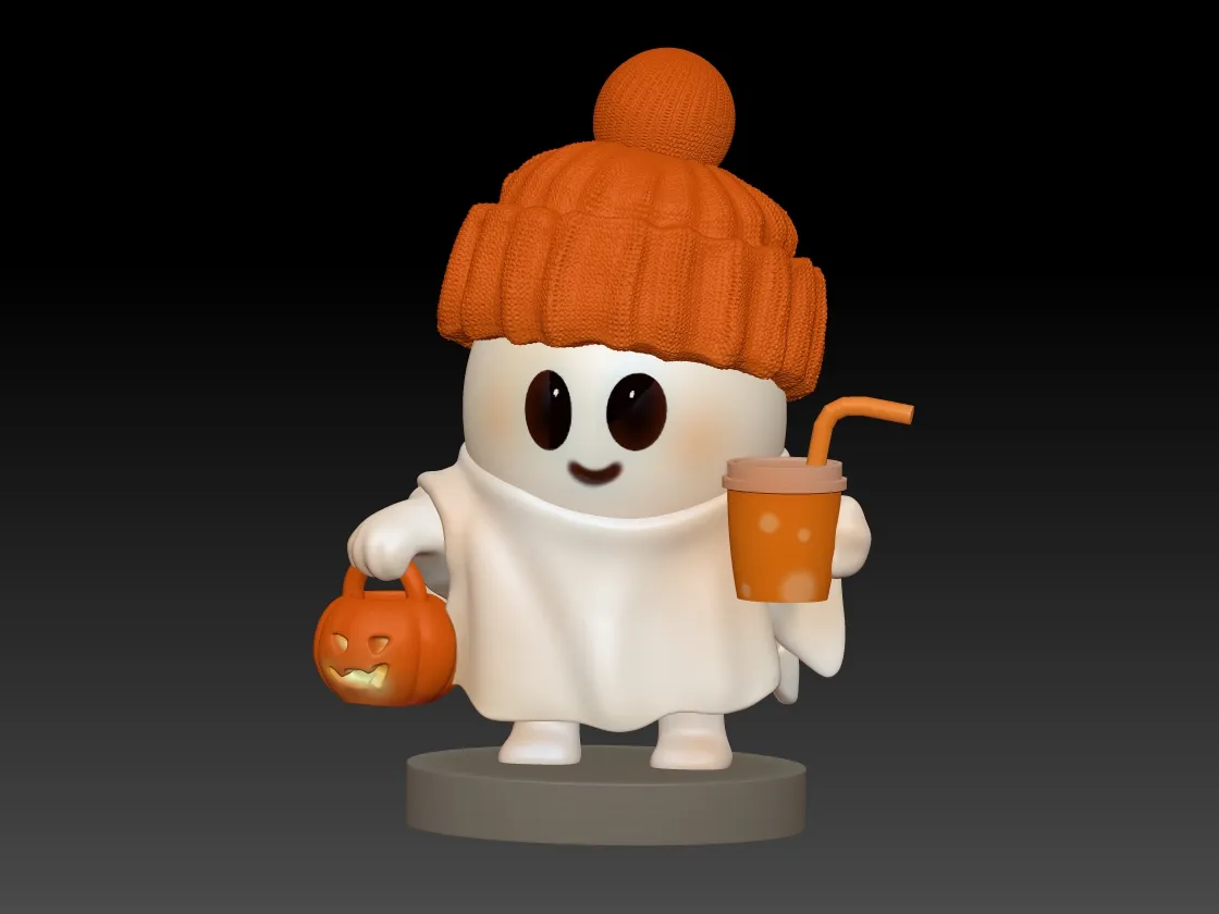 Cute Halloween Ghost with Pumpkin Hat and Trick-or-Treat Basket Chibi 3D Print STL 3D Print Model .c4d .max .obj .3ds .fbx .stl .blend 
