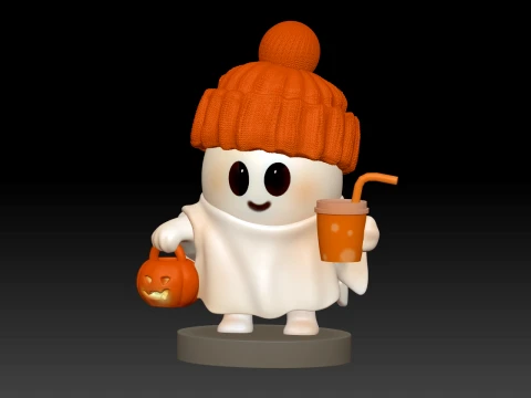 Cute Halloween Ghost with Pumpkin Hat and Trick-or-Treat Basket Chibi 3D Print STL 3D Print Model