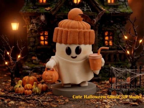 Cute Halloween Ghost with Pumpkin Hat and Trick-or-Treat Basket Chibi 3D Print STL 3D Print Model