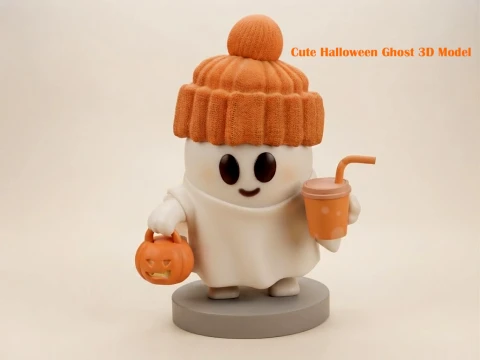 Cute Halloween Ghost with Pumpkin Hat and Trick-or-Treat Basket Chibi 3D Print STL 3D Print Model