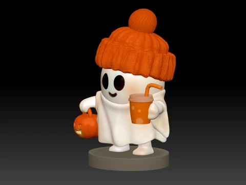 Cute Halloween Ghost with Pumpkin Hat and Trick-or-Treat Basket Chibi 3D Print STL 3D Print Model
