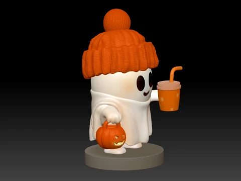 Cute Halloween Ghost with Pumpkin Hat and Trick-or-Treat Basket Chibi 3D Print STL 3D Print Model
