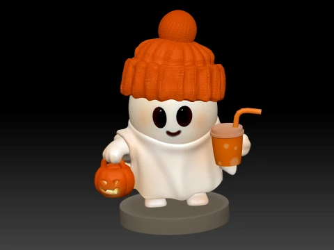 Cute Halloween Ghost with Pumpkin Hat and Trick-or-Treat Basket Chibi 3D Print STL 3D Print Model