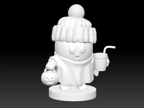 Cute Halloween Ghost with Pumpkin Hat and Trick-or-Treat Basket Chibi 3D Print STL 3D Print Model