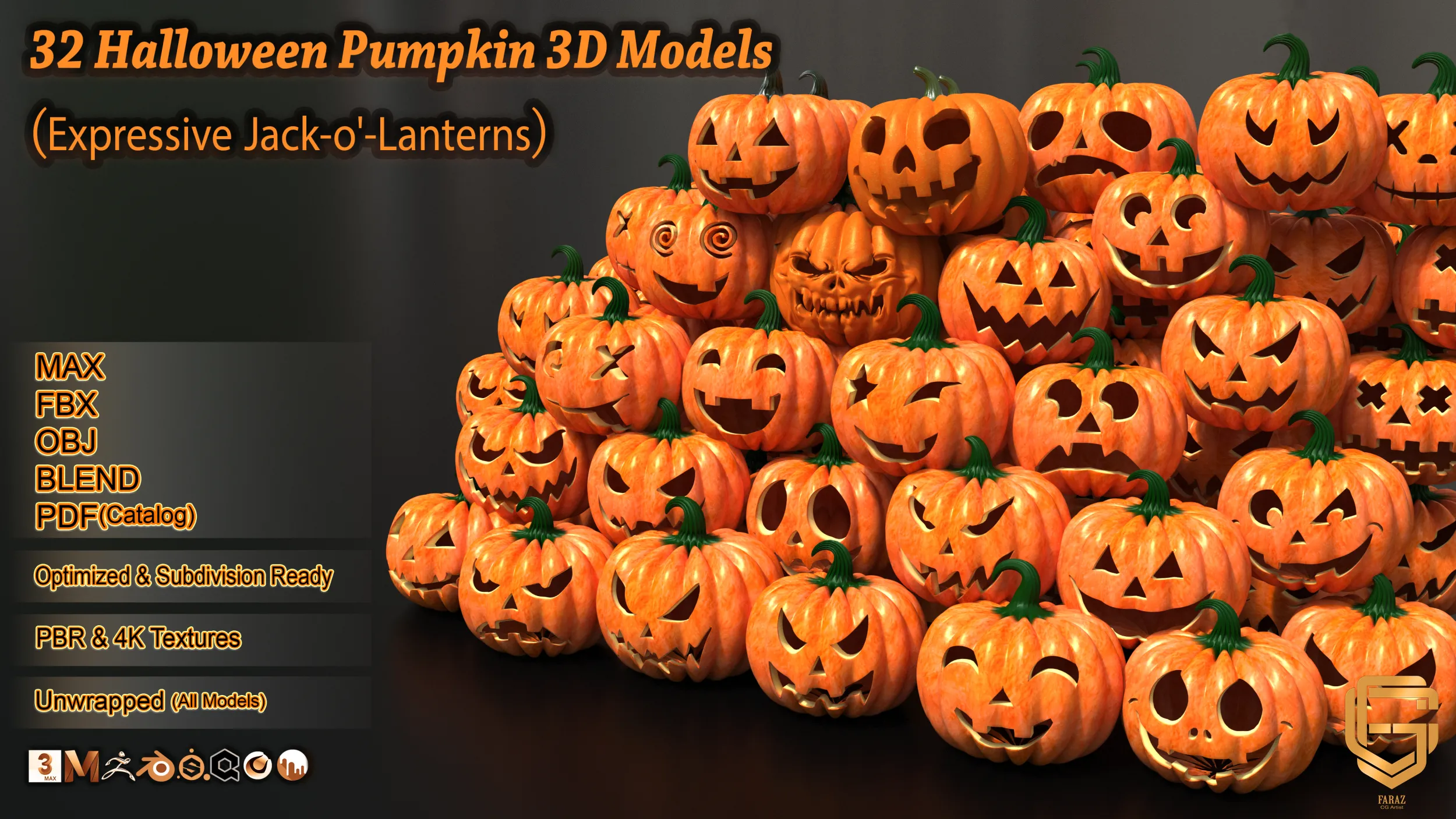 32 Halloween Pumpkin s Expressive Jack-o-Lanterns 3D Model .c4d .max .obj .3ds .fbx .stl .blend 