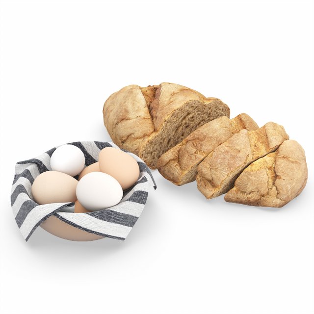 bread with bowl with eggs and towel 3D Модель .c4d .max .obj .3ds .fbx .stl .blend 