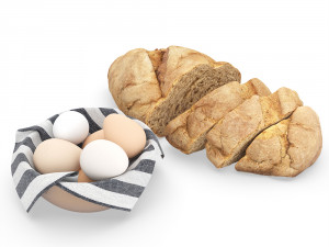 bread with bowl with eggs and towel 3D Model