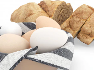 bread with bowl with eggs and towel 3D Model