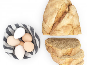 bread with bowl with eggs and towel 3D Модель
