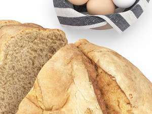 bread with bowl with eggs and towel 3D Модель