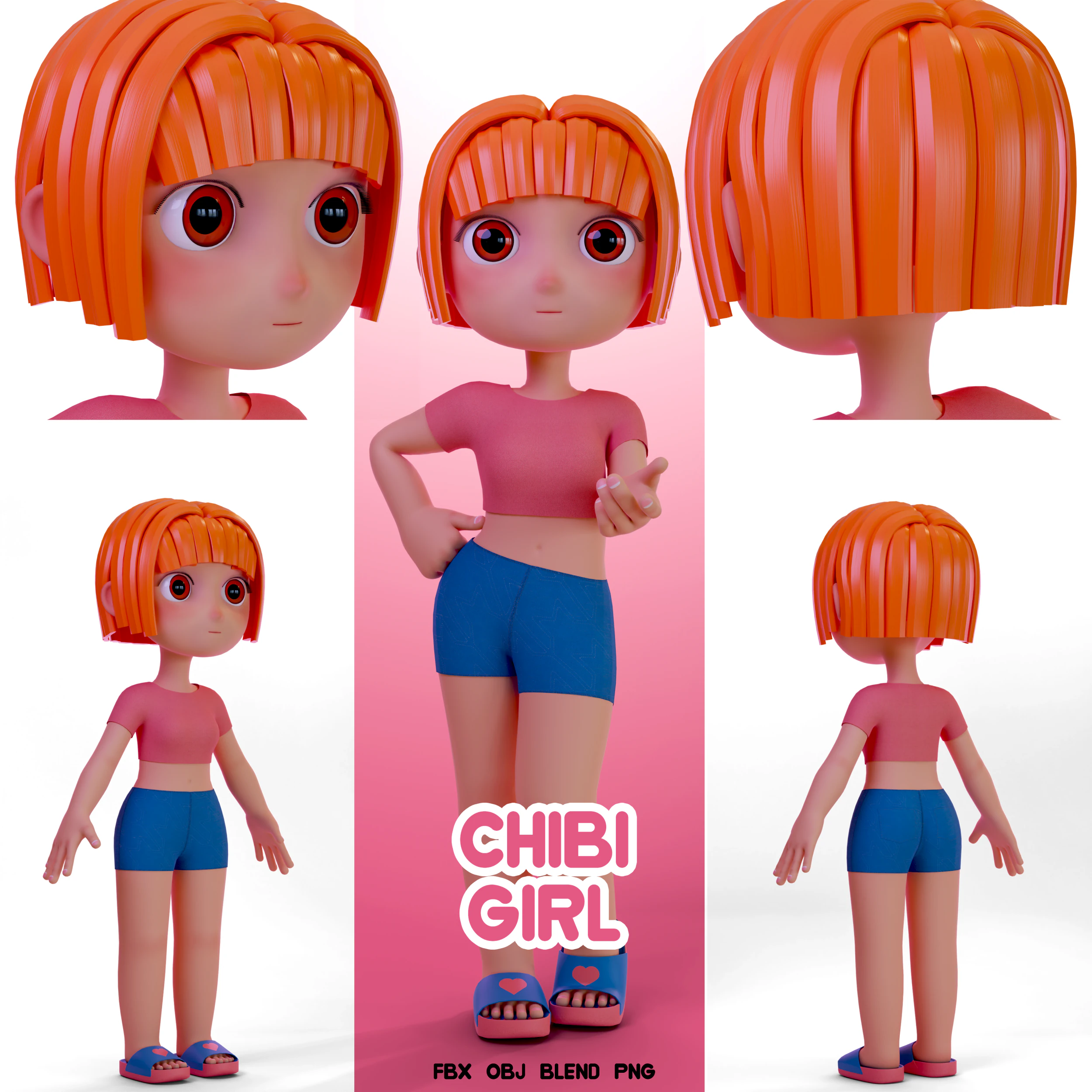 Stylized Chibi Girl 3D Model .c4d .max .obj .3ds .fbx .stl .blend 
