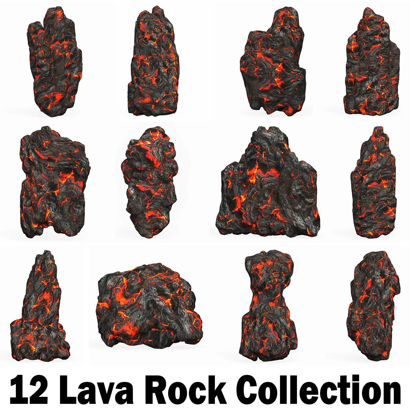 12 Lava Rock Collection 3D Model .c4d .max .obj .3ds .fbx .stl .blend 