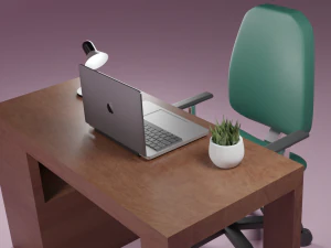 ダークウッドの机と緑の椅子 3Dモデル