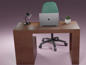 dark wood desk with green chair 3D Model