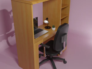 Schreibtisch aus hellem Holz mit schwarzem Stuhl 3D Modell