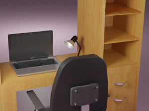 mesa de madeira clara com cadeira preta Modelo 3D