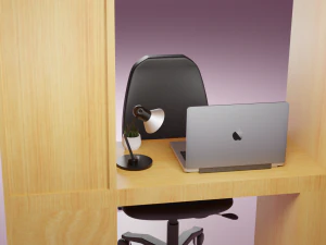 mesa de madeira clara com cadeira preta Modelo 3D