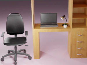 mesa de madeira clara com cadeira preta Modelo 3D