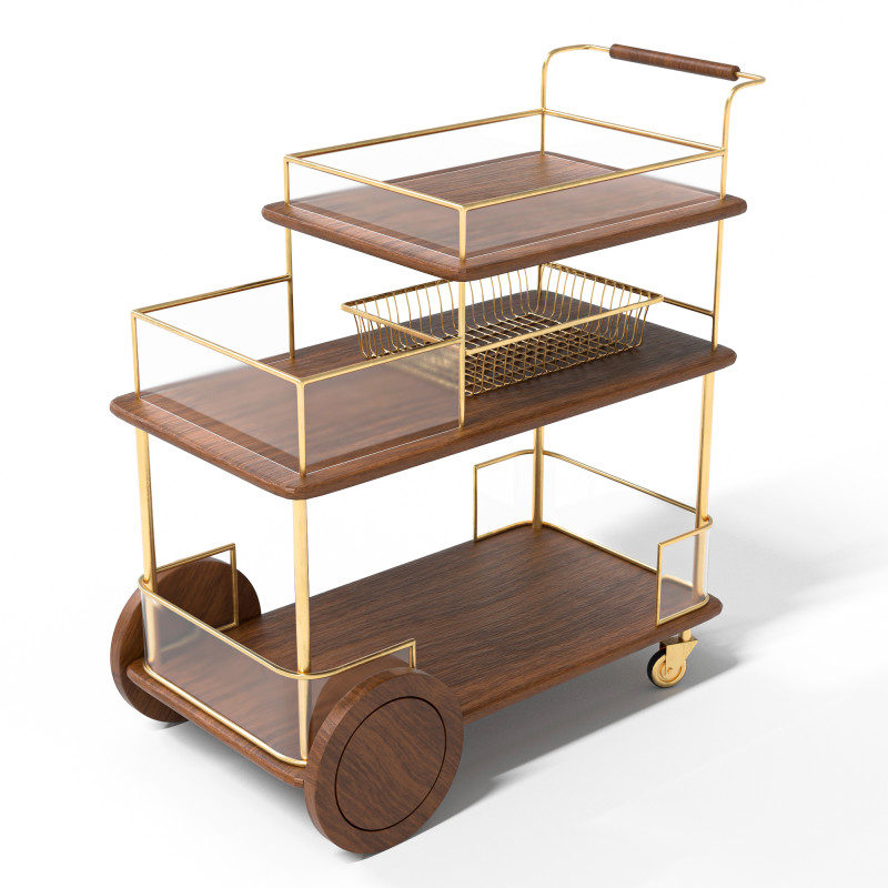 Modern luxe bar cart with gold frame and wooden shelves Model 3D .c4d .max .obj .3ds .fbx .stl .blend 