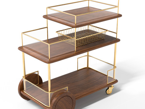 Modern luxe bar cart with gold frame and wooden shelves 3D 모델