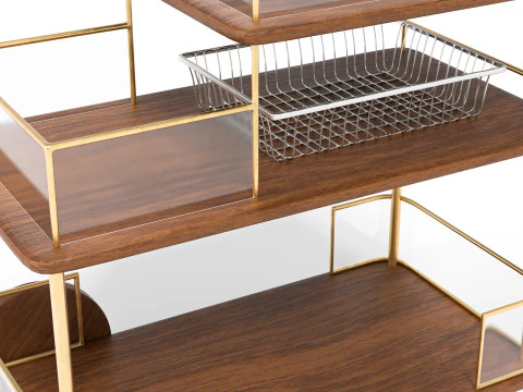 Modern luxe bar cart with gold frame and wooden shelves 3D Model