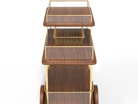 Modern luxe bar cart with gold frame and wooden shelves Model 3D