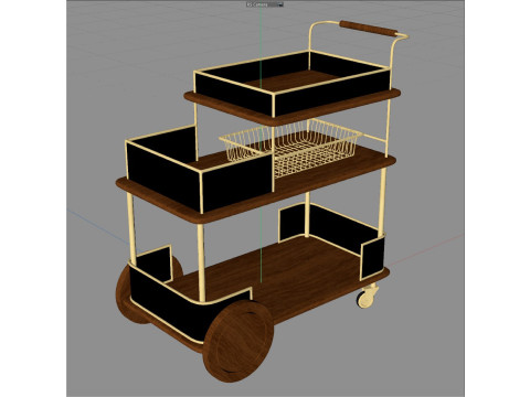 Modern luxe bar cart with gold frame and wooden shelves Model 3D
