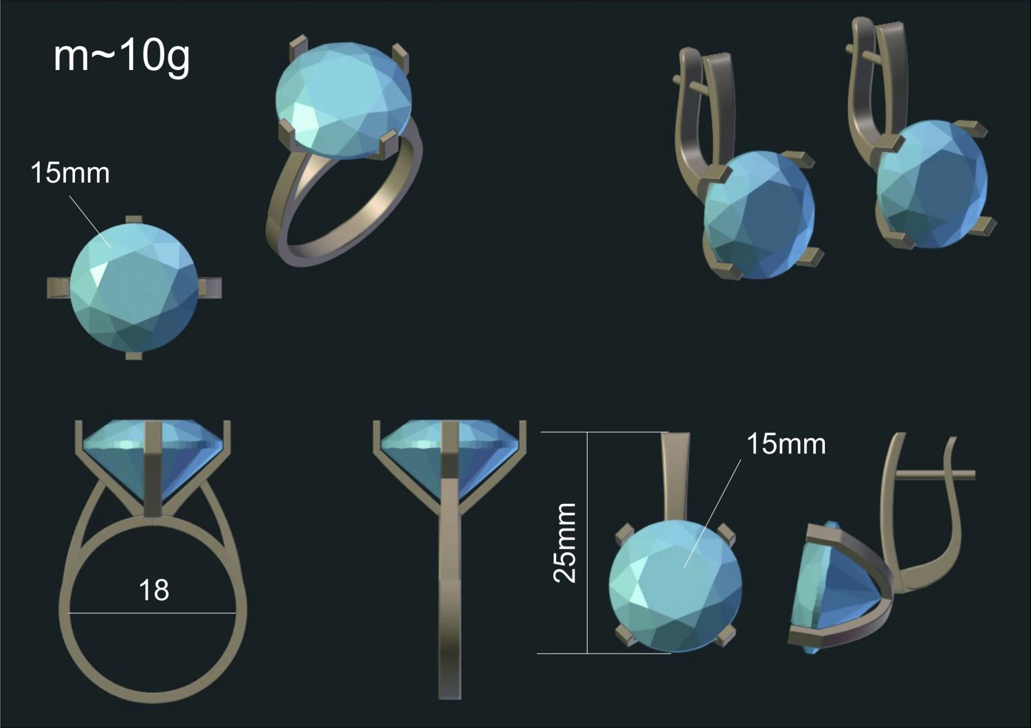 ring with earrings 3D Model .c4d .max .obj .3ds .fbx .stl .blend 