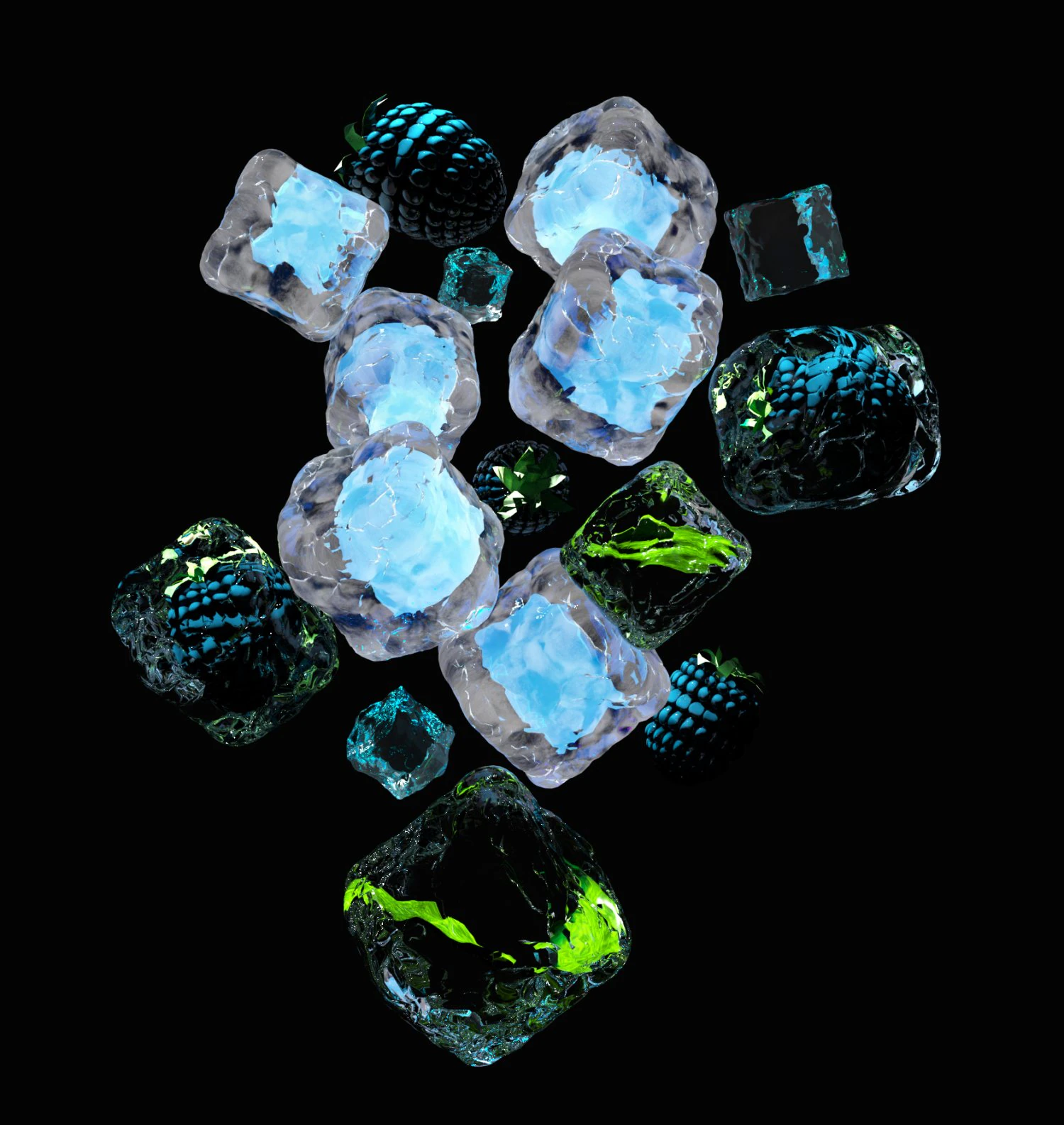 neon ice cube and blackberries 3D Model .c4d .max .obj .3ds .fbx .stl .blend