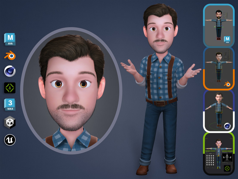 3D Stilize Çizgi Film Adam Tam Donanımlı Karakter 3D Model .c4d .max .obj .3ds .fbx .stl .blend 