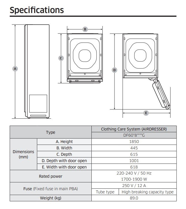 Samsung air dresser dimensions clearance