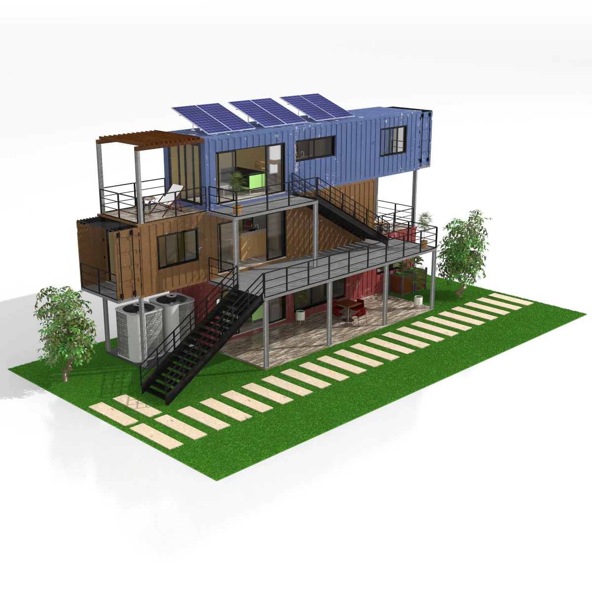3 shipping container houses 3D Model .c4d .max .obj .3ds .fbx .stl .blend