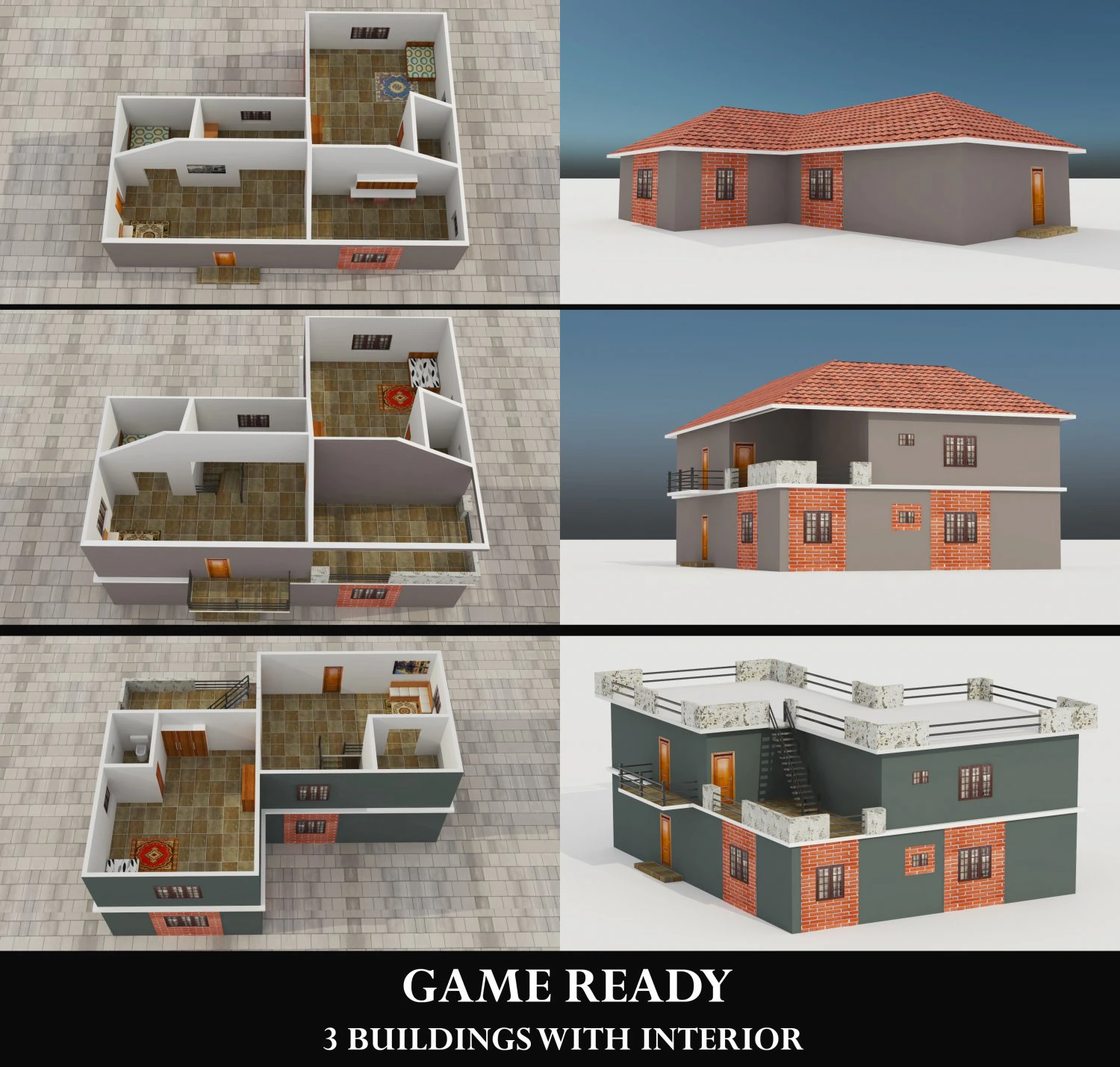 3 buildings 3D Model .c4d .max .obj .3ds .fbx .stl .blend