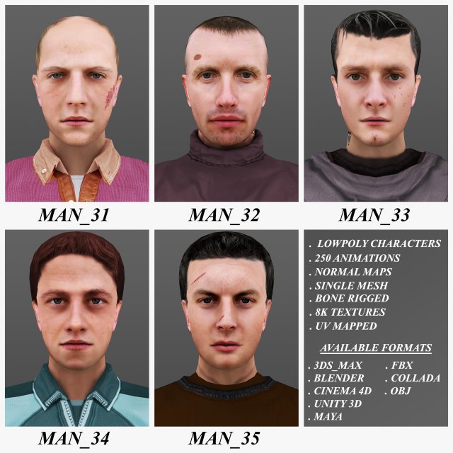 man 31 to 35 Model 3D .c4d .max .obj .3ds .fbx .stl .blend 