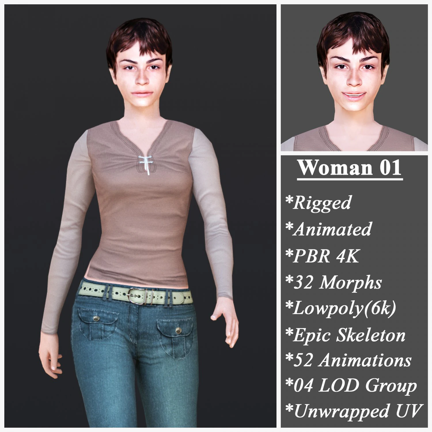 Woman 1 With 52 Animations 32 Morphs 3D Model .c4d .max .obj .3ds .fbx .stl .blend 