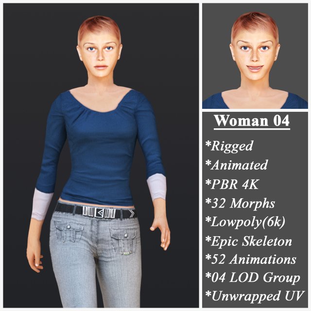 Woman 4 With 52 Animations 32 Morphs Model 3D .c4d .max .obj .3ds .fbx .stl .blend 