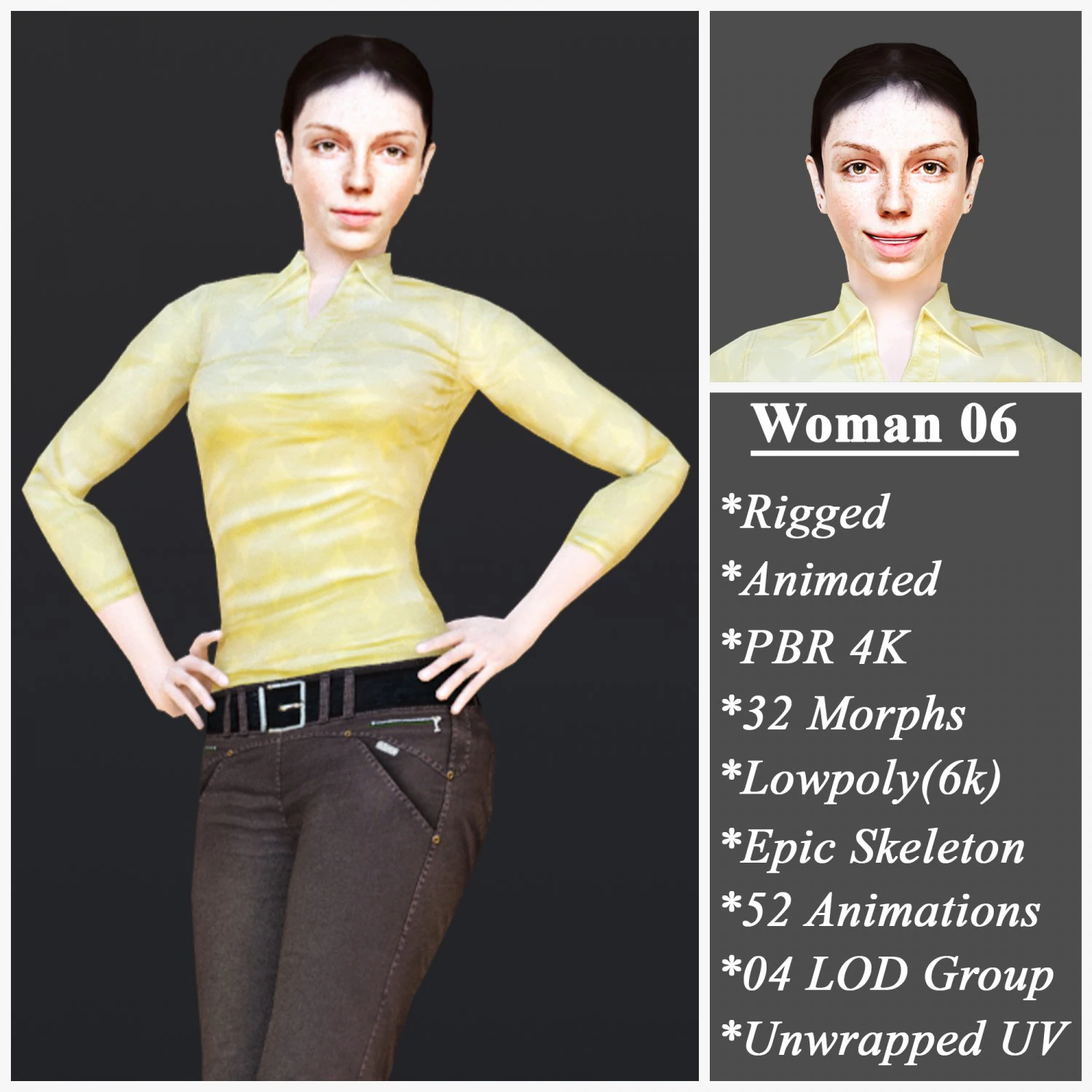 Woman 6 With 52 Animations 32 Morphs 3D Model .c4d .max .obj .3ds .fbx .stl .blend 