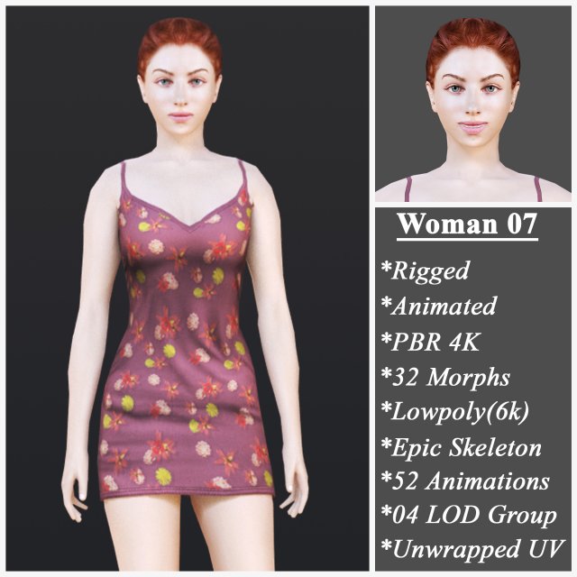 Woman 7 With 52 Animations 32 Morphs 3D Модель .c4d .max .obj .3ds .fbx .stl .blend 