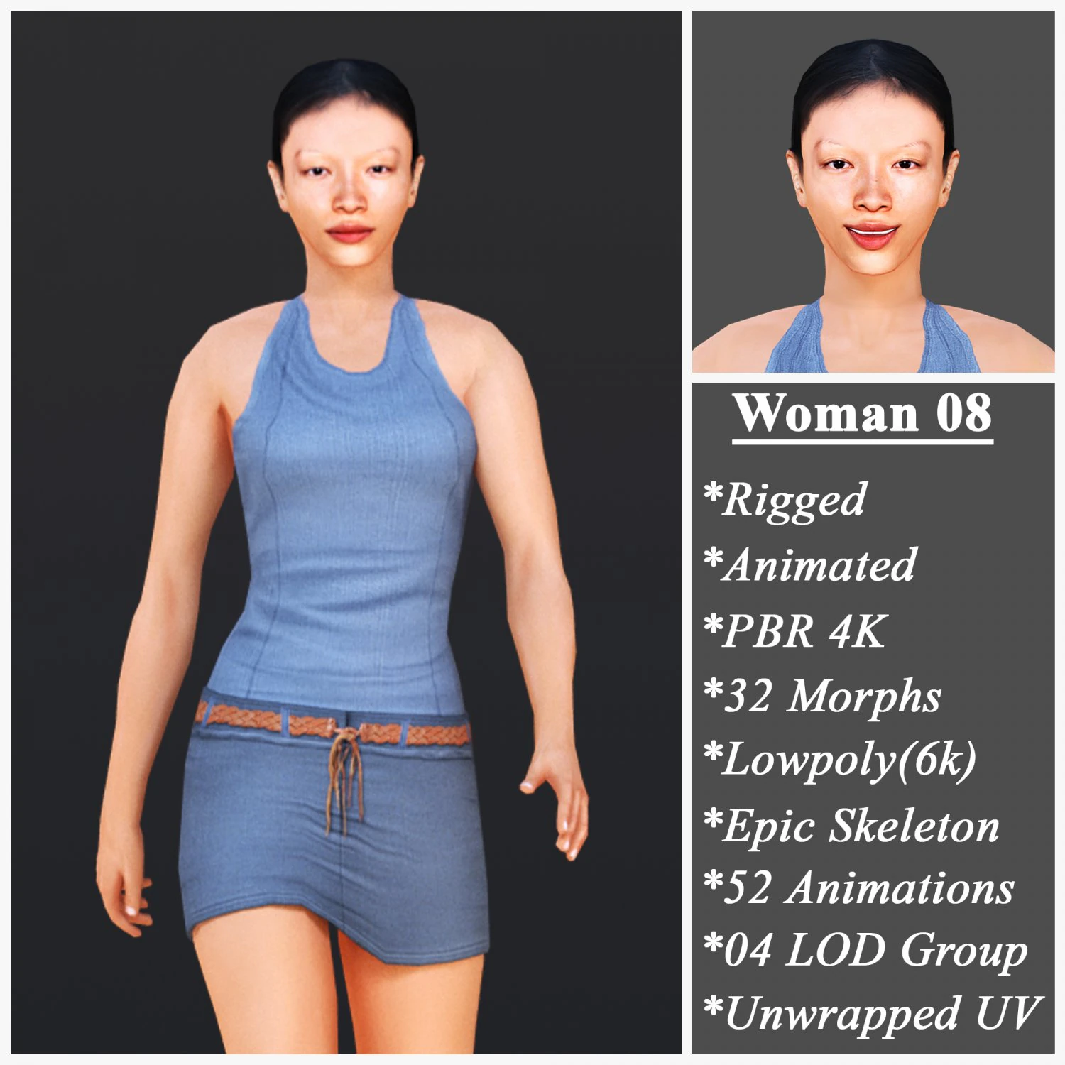 Woman 8 With 52 Animations 32 Morphs 3D Model .c4d .max .obj .3ds .fbx .stl .blend 