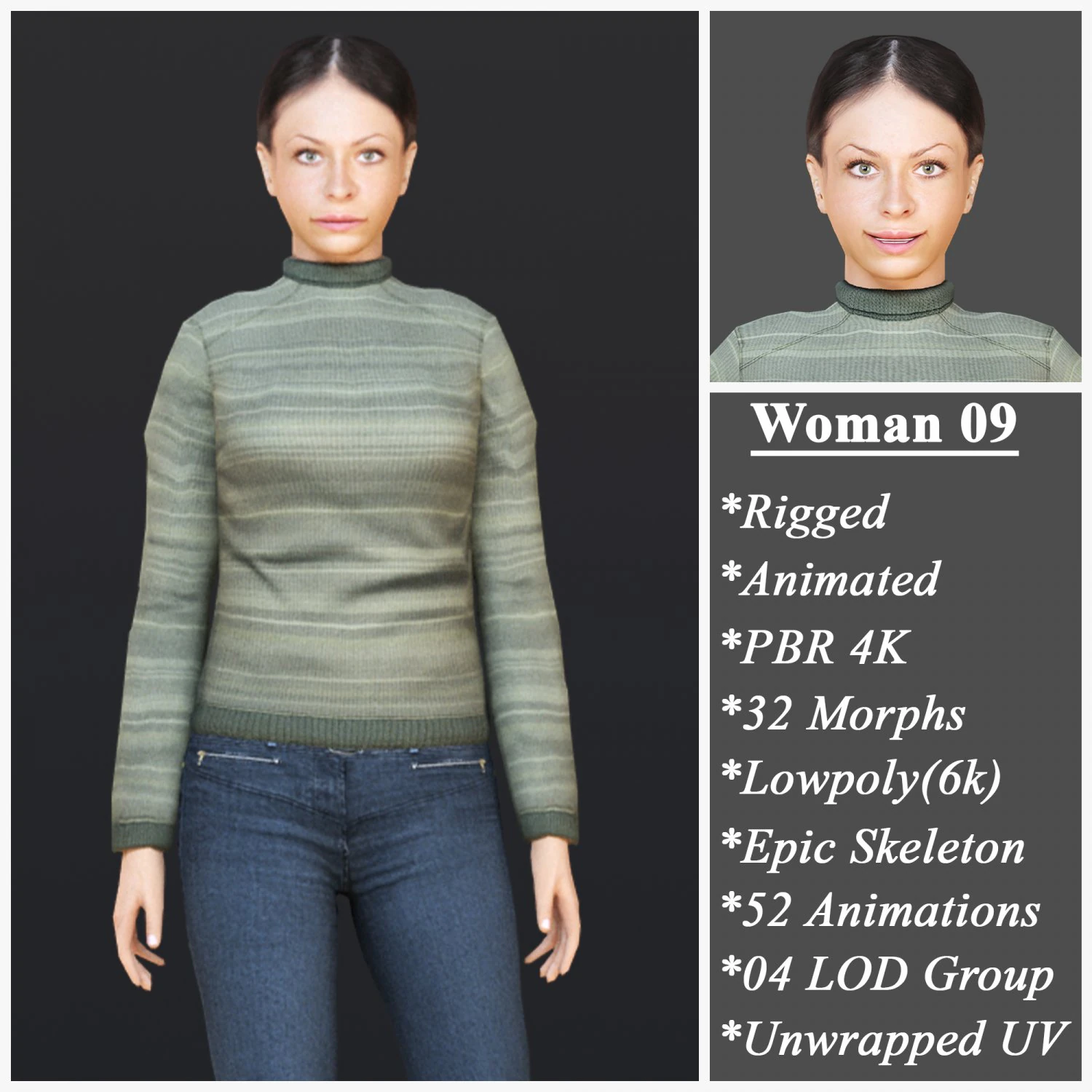 Woman 9 With 52 Animations 32 Morphs 3D Model .c4d .max .obj .3ds .fbx .stl .blend 