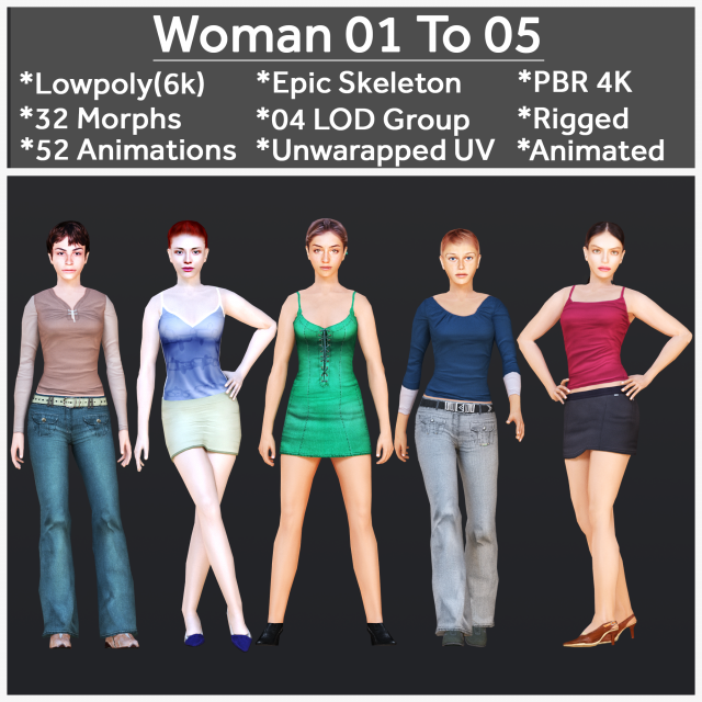 Woman 1 To 5 With 52 Animations 32 Morphs Model 3D .c4d .max .obj .3ds .fbx .stl .blend 