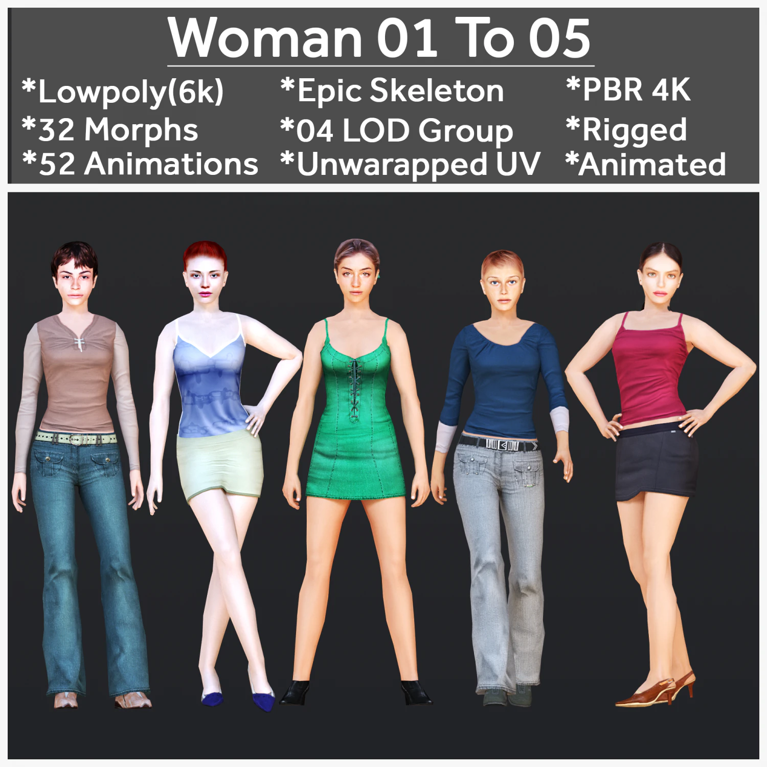 Woman 1 To 5 With 52 Animations 32 Morphs 3D Model .c4d .max .obj .3ds .fbx .stl .blend