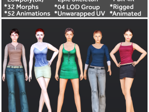 Woman 1 To 5 With 52 Animations 32 Morphs 3D Model