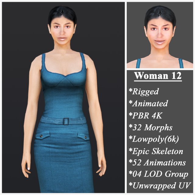 Woman 12 With 52 Animations 32 Morphs Modelo 3D .c4d .max .obj .3ds .fbx .stl .blend 