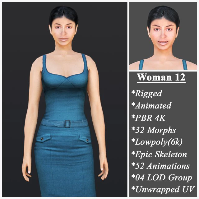 महिला 12 52 एनिमेशन 32 रूप के साथ 3D मॉडल .c4d .max .obj .3ds .fbx .stl .blend