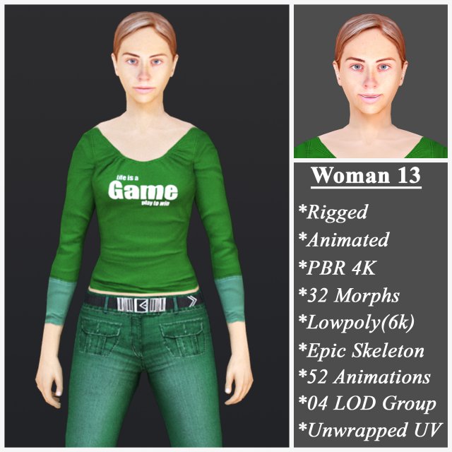 Woman 13 With 52 Animations 32 Morphs 3D Model .c4d .max .obj .3ds .fbx .stl .blend