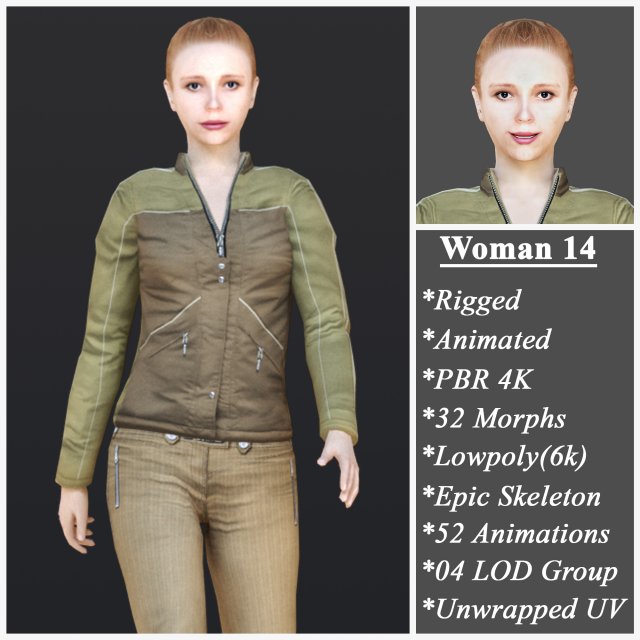 Woman 14 With 52 Animations 32 Morphs 3D Модель .c4d .max .obj .3ds .fbx .stl .blend 